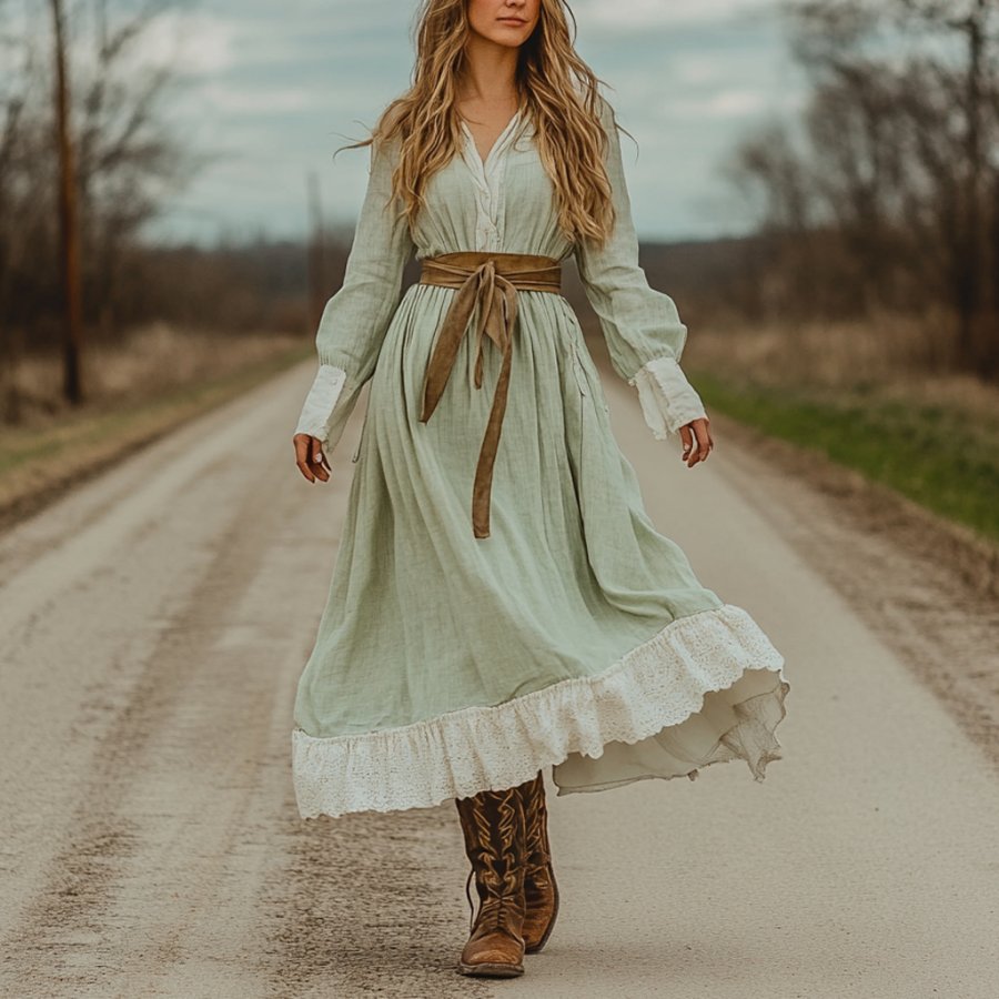 

Women's Vintage Rustic Boho Lace V-neck Long Sleeve Light Green Dress