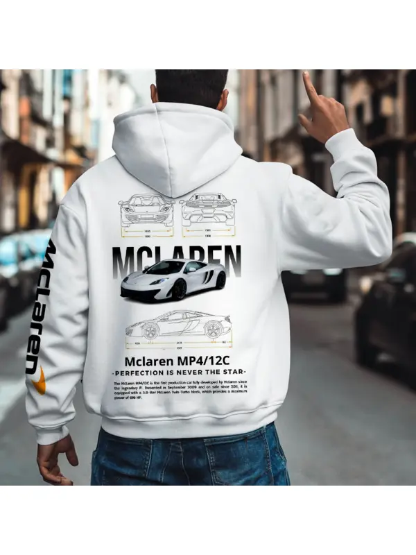 Men's Vintage Racing Car MP4 12C Perfection Pocket Long Sleeve White Hoodie - Ootdmw.com 