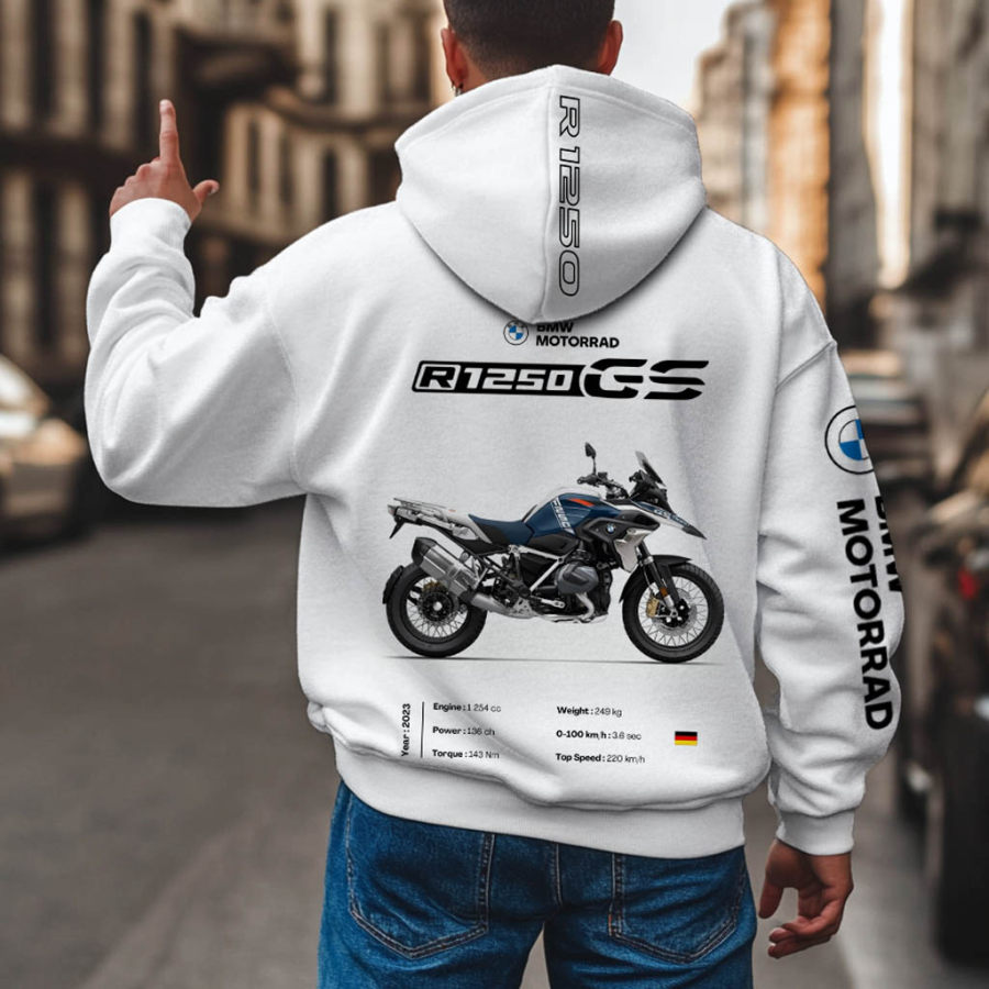 

Men's Vintage Racing R1250GS Motorcycle Pocket Long Sleeve White Hoodie