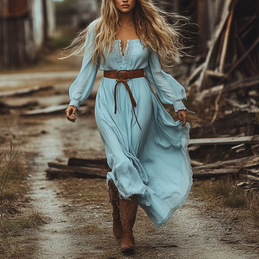 

Women's Vintage Bohemian Lace V-neck Long Sleeve Light Blue Dress