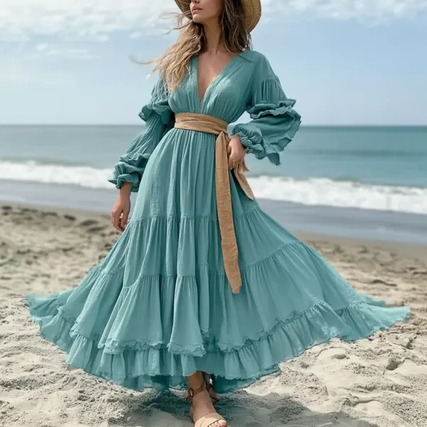 Women's Vintage Boho Style Ruffles V-neck Long Sleeve Aqua Dress - Wayrates.com 