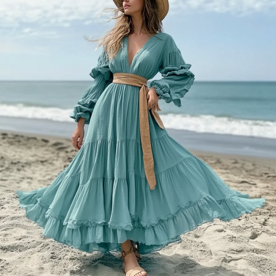 

Women's Vintage Boho Style Ruffles V-neck Long Sleeve Aqua Dress