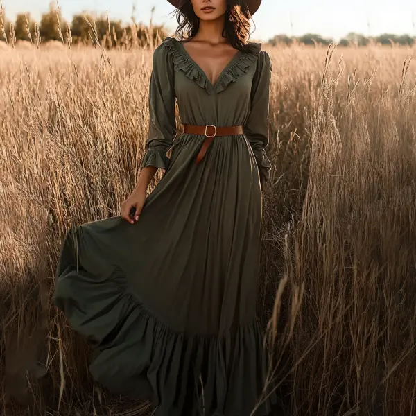 Women's Vintage Boho Style Ruffled V-neck Long Sleeve Olive Green Dress - Wayrates.com 