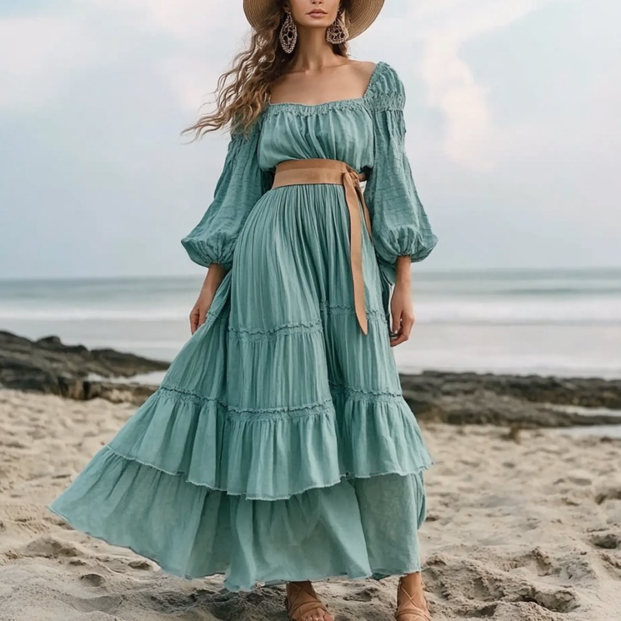 Women's Vintage Boho Style Ruffles Square Neck Long Sleeve Aqua Blue Dress