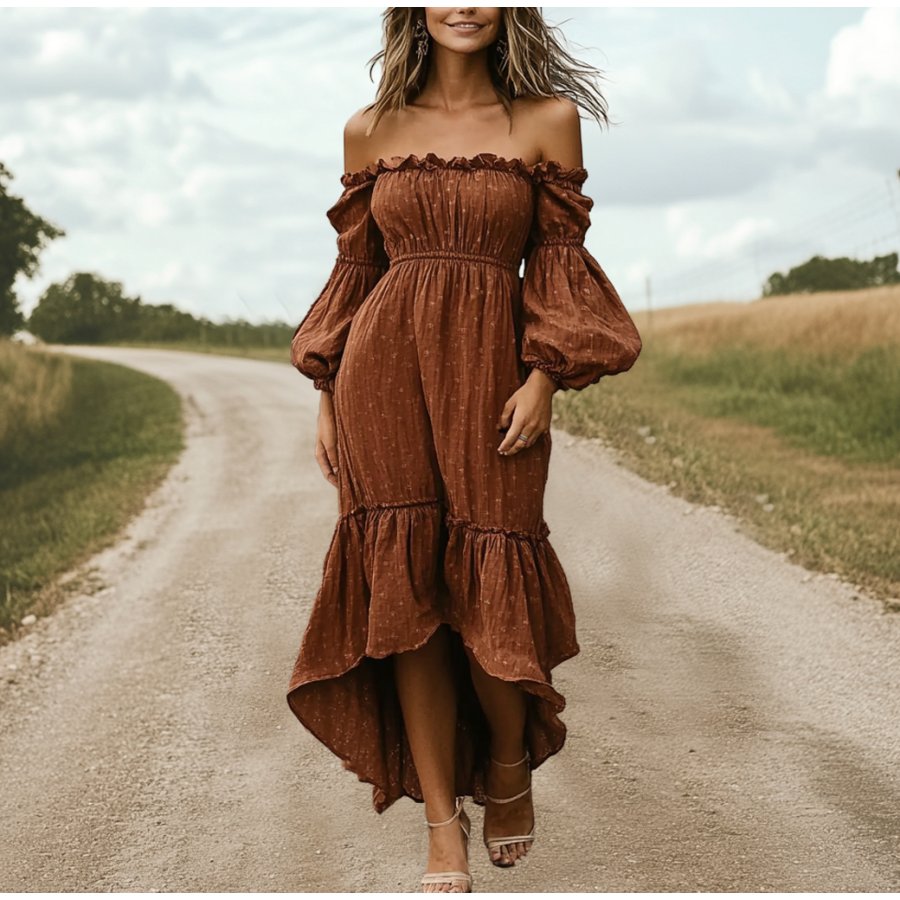 

Women's Vintage Off-The-Shoulder Ruffle Rustic Boho Long Sleeve Brown Dress