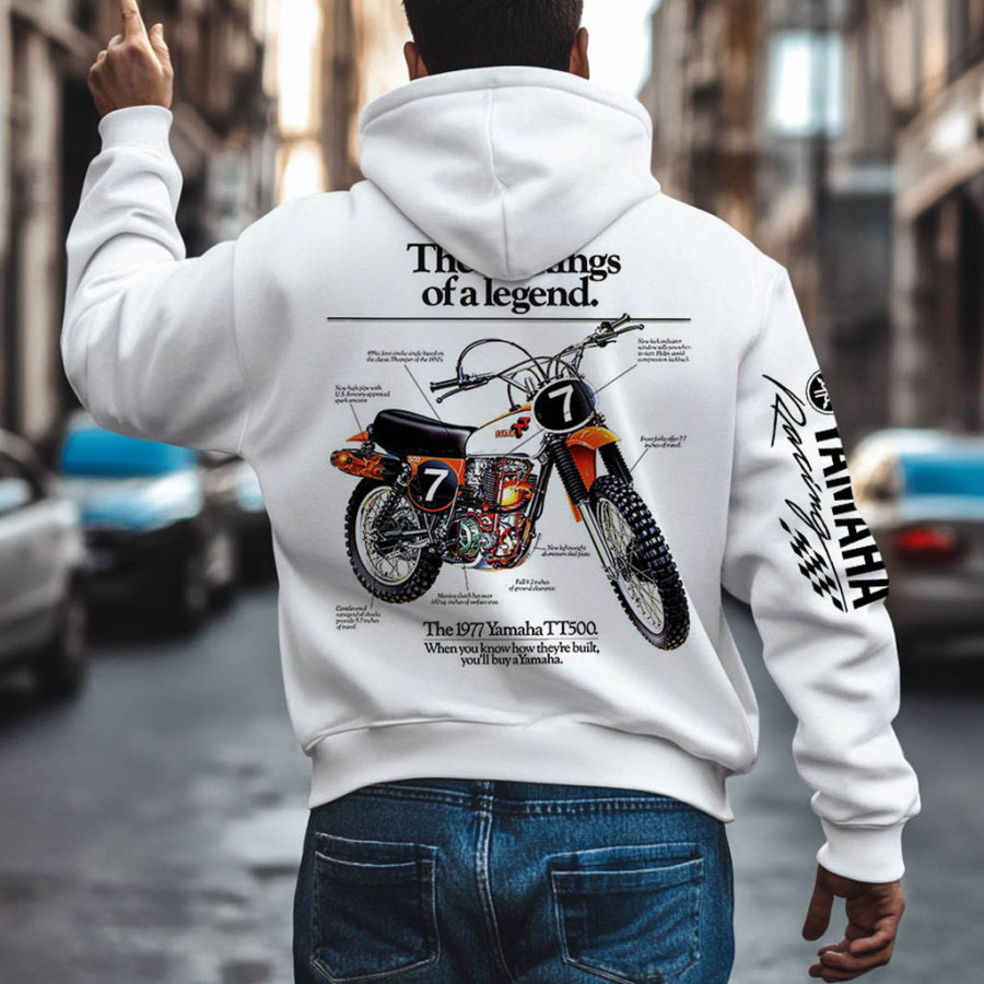 

Men's Vintage Racing 1977 TT500 MotorcycleThe Making Of A Legend Pocket Long Sleeve White Hoodie