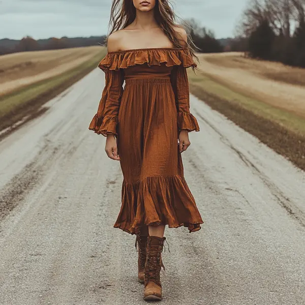 Women's Vintage Off-The-Shoulder Ruffle Rustic Boho Long Sleeve Brown Dress - Wayrates.com 