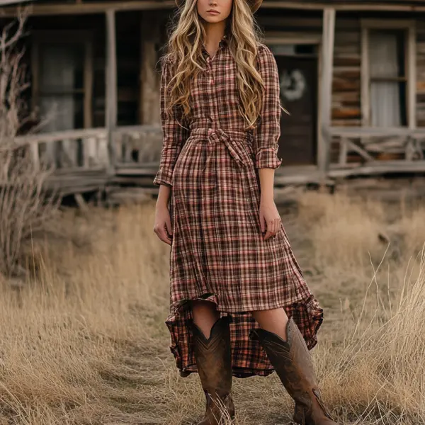 Ladies Vintage Western Style Pastoral Shirt Collar Checked Fabric Rustic Boho Dress - Wayrates.com 