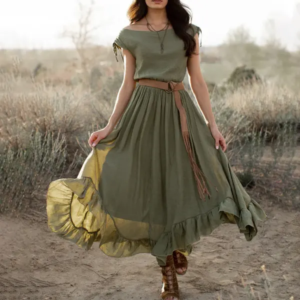 Ladies Vintage Western Style Cotton And Linen Olive Rustic Boho Dress - Wayrates.com 