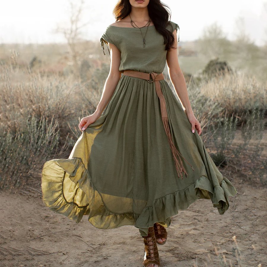 

Ladies Vintage Western Style Cotton And Linen Olive Rustic Boho Dress