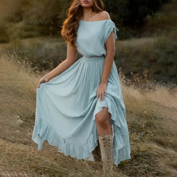 Ladies Vintage Western Style Cotton And Linen Sky Blue Rustic Boho Dress - Wayrates.com 