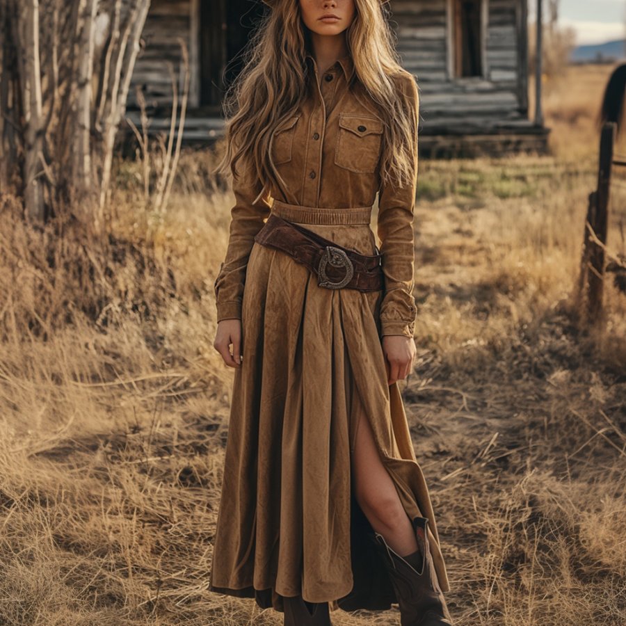 

Ladies Vintage Western Style Pastoral Shirt Collar Pocket Rustic Boho Saddle Brown Chamois Dress