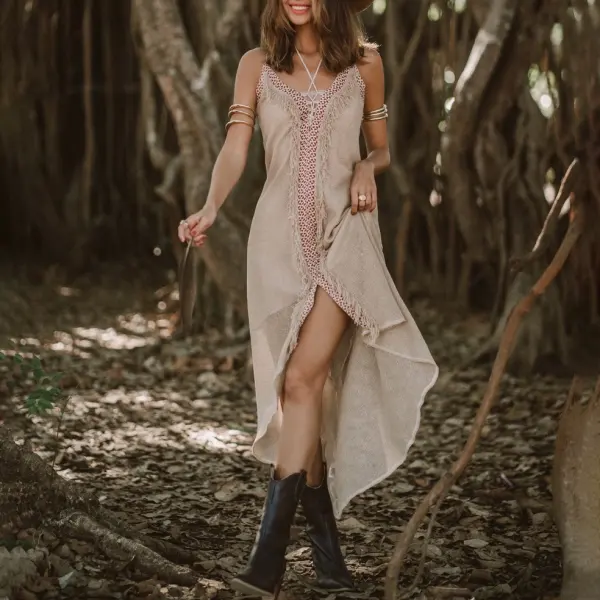 Ladies Vintage Tassel Western Style Cotton And Linen Khaki Rustic Boho Dress - Wayrates.com 