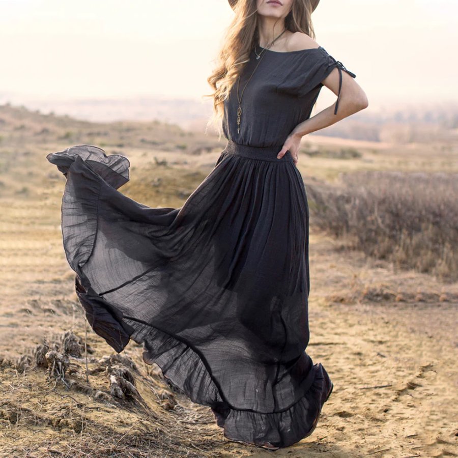 

Ladies Vintage Western Style Cotton And Linen Charcorl Rustic Boho Dress