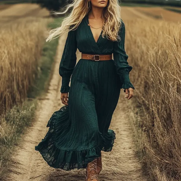 Ladies Vintage Western Style Seersucker Olive Rustic Boho Dress - Wayrates.com 