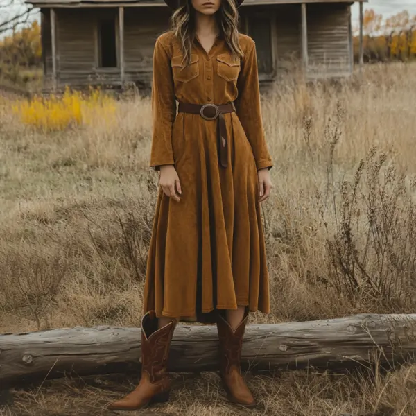 Ladies Vintage Western Style Pastoral Shirt Collar Pocket Rustic Boho Saddle Brown Chamois Dress - Wayrates.com 