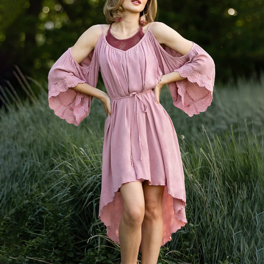 

Ladies Vintage Pastoral Mauve Lace Rustic Boho Dress
