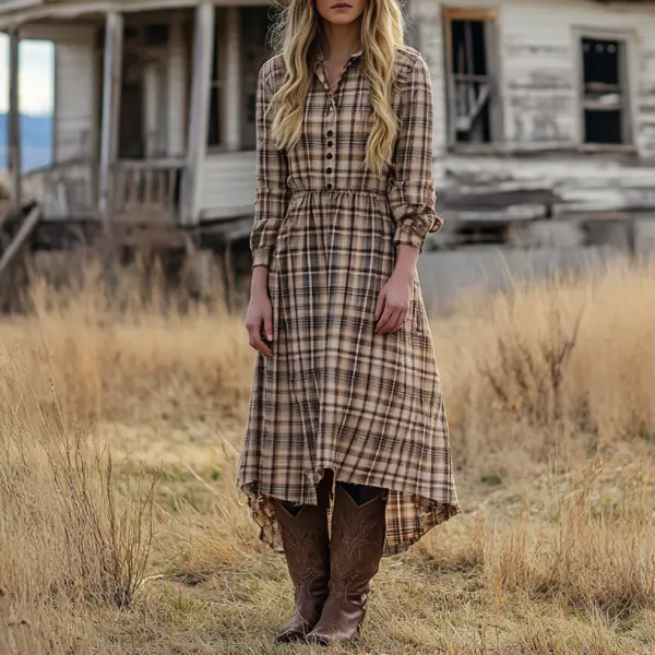 Ladies Vintage Western Style Pastoral Shirt Collar Checked Fabric Rustic Boho Dress - Wayrates.com 