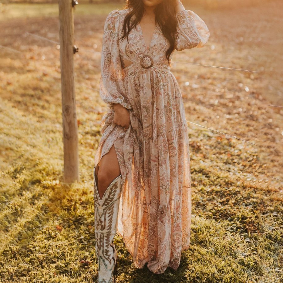 

Ladies Vintage Western Style Print Pastoral Beige Rustic Boho Dress
