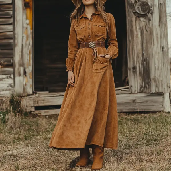 Ladies Vintage Western Style Pastoral Shirt Collar Pocket Rustic Boho Saddle Brown Chamois Dress - Wayrates.com 