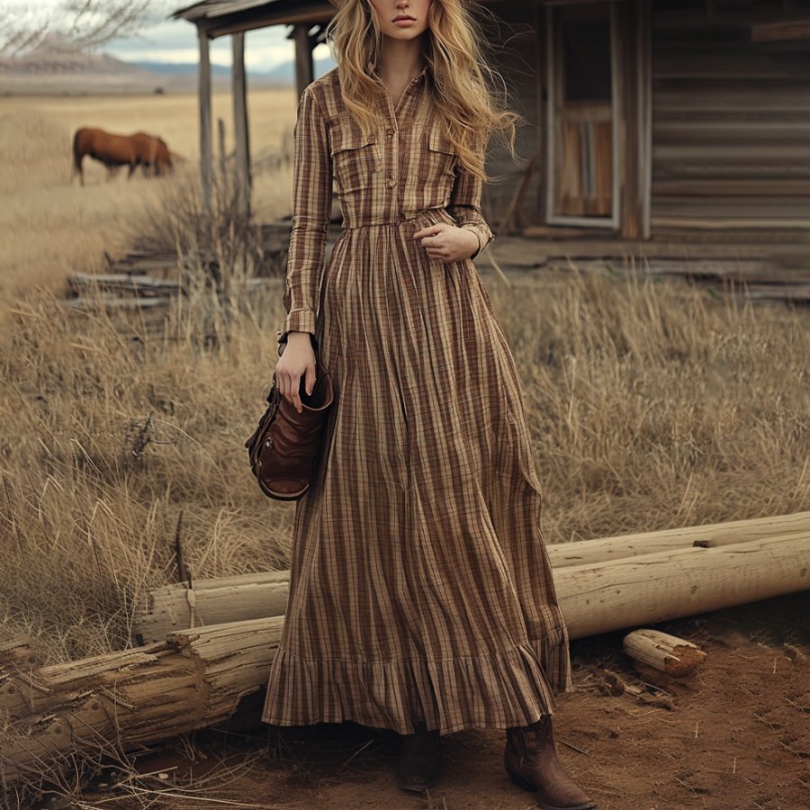 

Ladies Vintage Western Style Pastoral Shirt Collar Checked Fabric Rustic Boho Dress