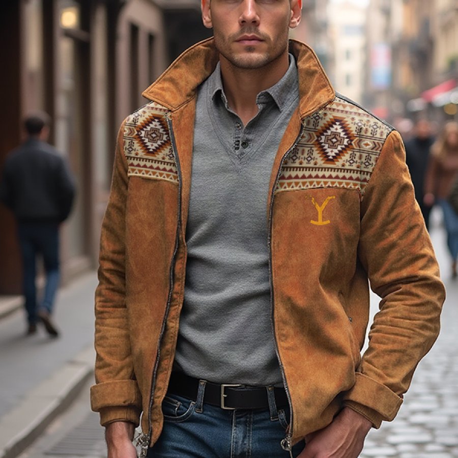 

Men's Yellowstone Vintage Aztec Ethnic Printed Patchwork Zipper Suede Jacket