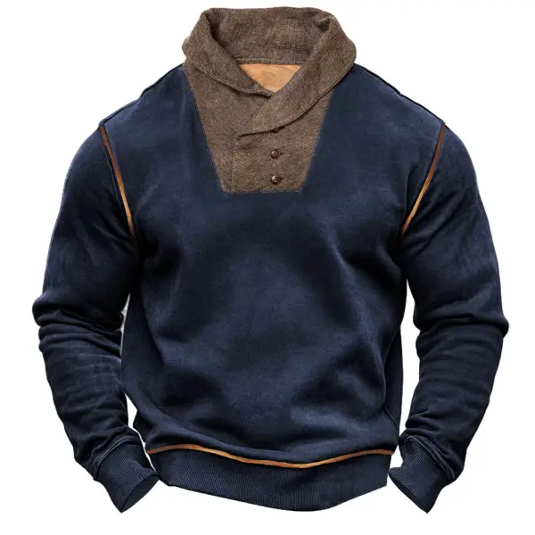 Men's Vintage Color Block Shawl Collar Long Sleeve Sweatshirt - Menzfolk.com 