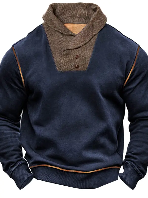 Men's Vintage Color Block Shawl Collar Long Sleeve Sweatshirt - Menwyx.com 