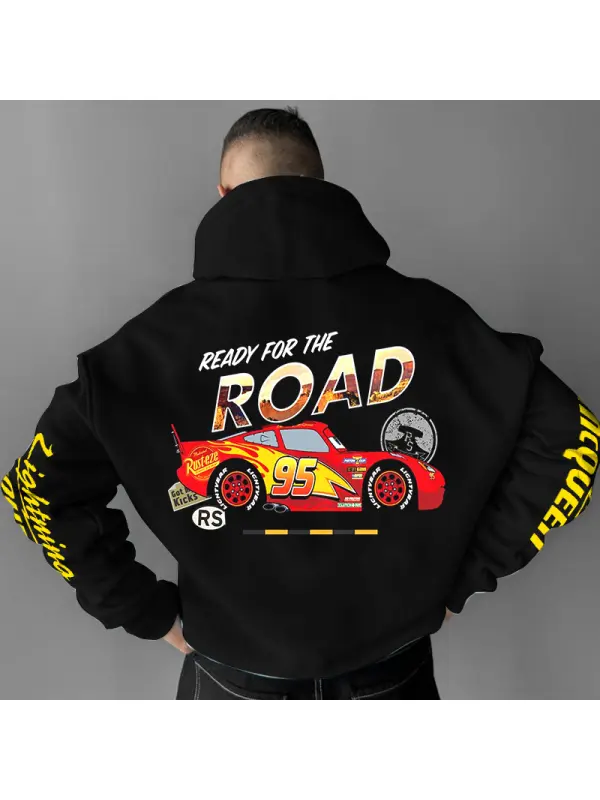 Men's Vintage Racing Car 95 Ready For The Road Pocket Long Sleeve Black Hoodie - Ootdmw.com 