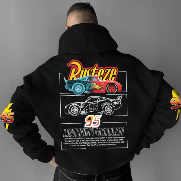 Men's Vintage Racing Car 95 Lightning Rusteze Pocket Long Sleeve Black Hoodie - Dozenlive.com 