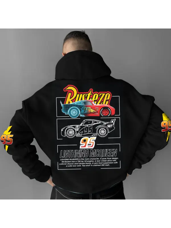 Men's Vintage Racing Car 95 Lightning Rusteze Pocket Long Sleeve Black Hoodie - Timetomy.com 