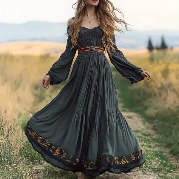 Ladies Vintage Lace Western Style Burnt Olive Cotton And Linen Rustic Boho Dress - Wayrates.com 