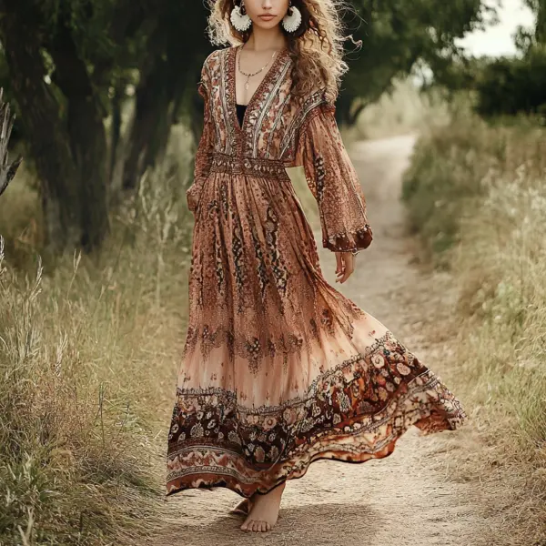 Ladies Vintage Floral Print Lace Western Style Cream Cotton And Linen Rustic Boho Dress - Wayrates.com 