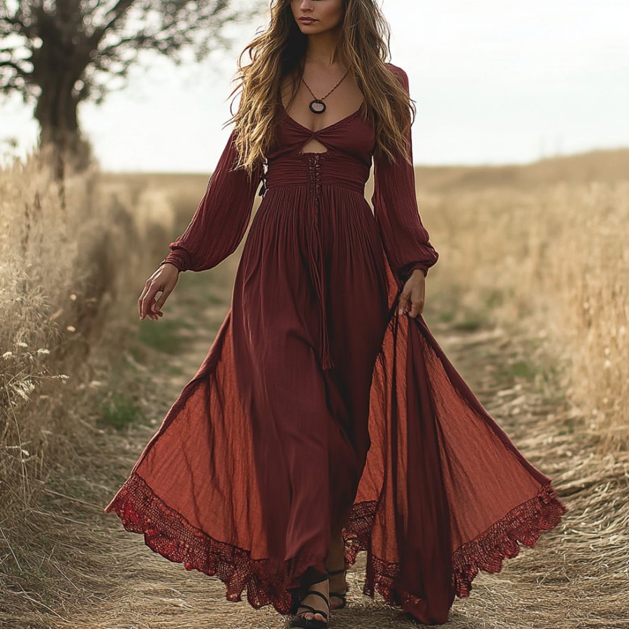 

Ladies Vintage Lace Western Style Cotton And Linen Rustic Boho Dress
