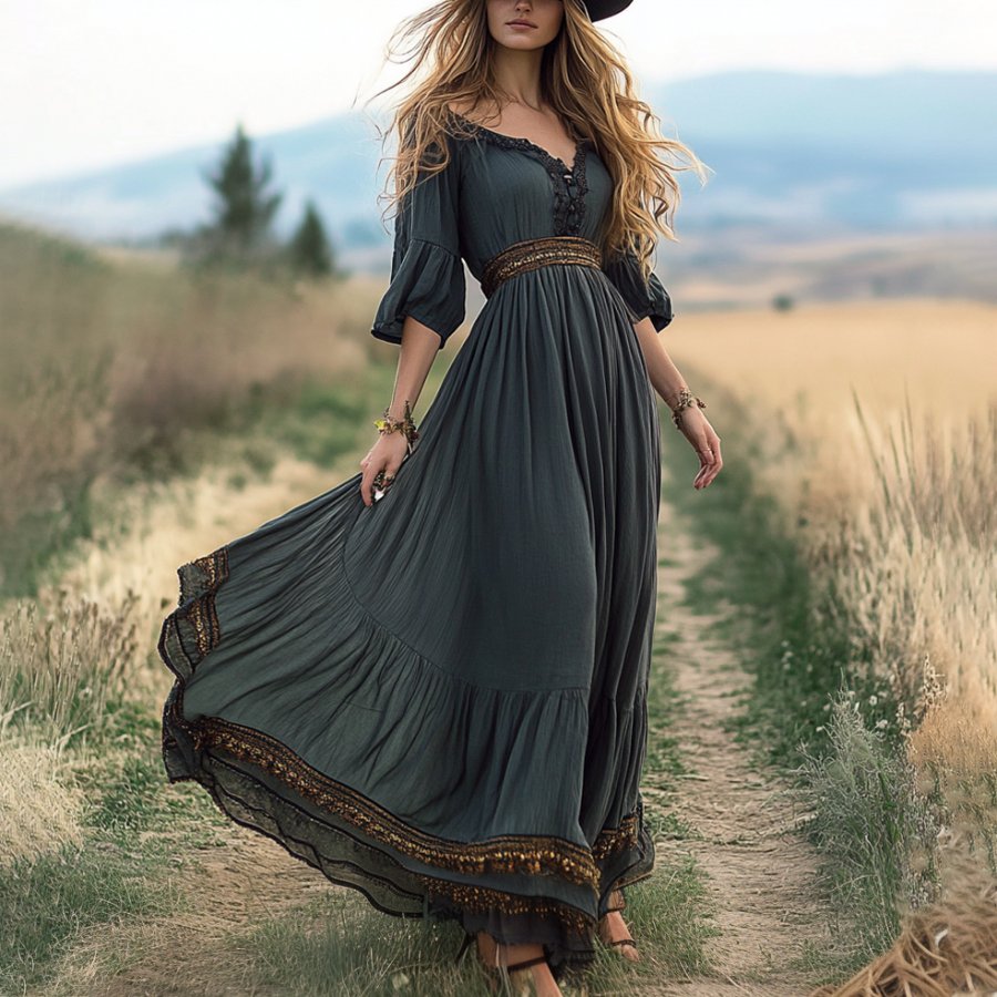 

Ladies Vintage Lace Western Style Burnt Olive Cotton And Linen Rustic Boho Dress