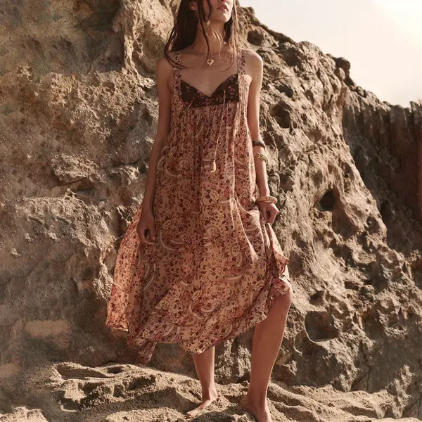 Ladies Vintage Floral Print Halter Western Style Rustic Boho Dress - Wayrates.com 