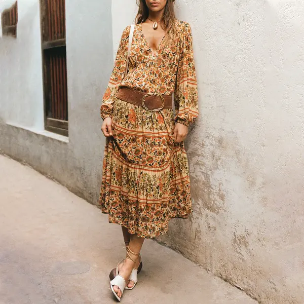 Ladies Vintage Floral Print Lace Western Style Cream Cotton And Linen Rustic Boho Dress - Wayrates.com 