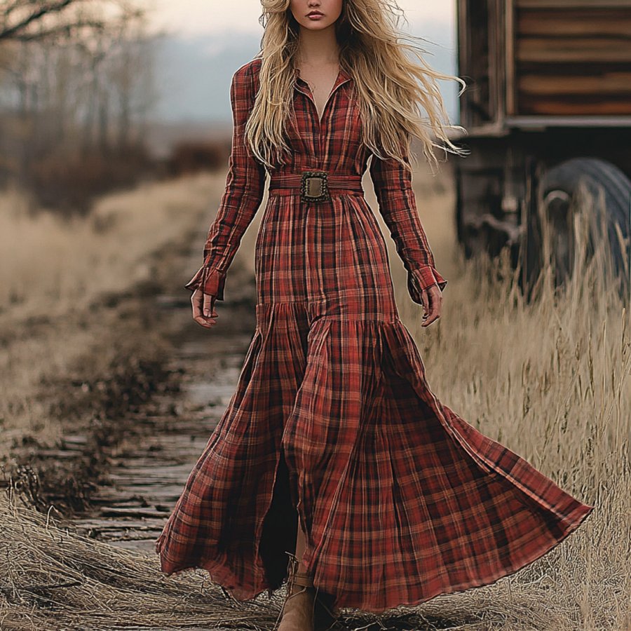 

Ladies Vintage Western Style Pastoral Shirt Collar Checked Fabric Rustic Boho Dress