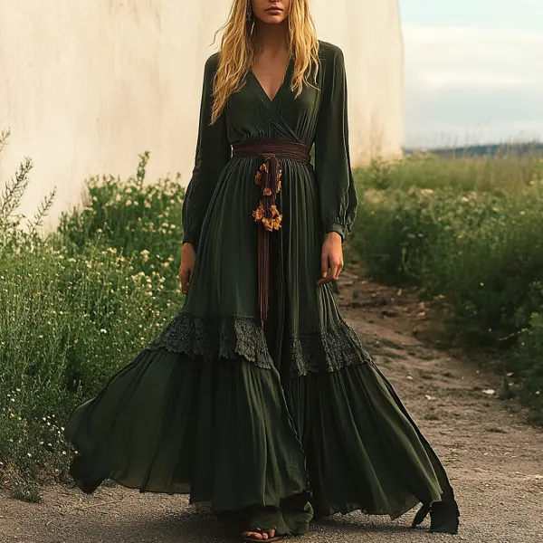 Ladies Vintage Lace Western Style Burnt Olive Cotton And Linen Rustic Boho Dress - Wayrates.com 