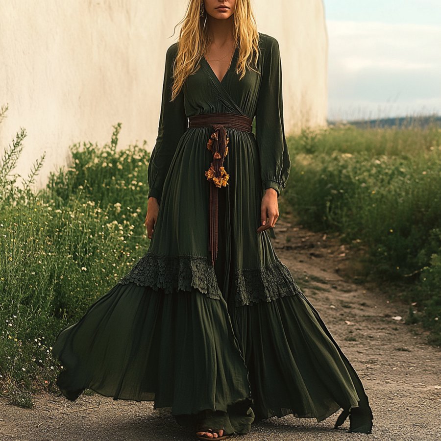 

Ladies Vintage Lace Western Style Burnt Olive Cotton And Linen Rustic Boho Dress