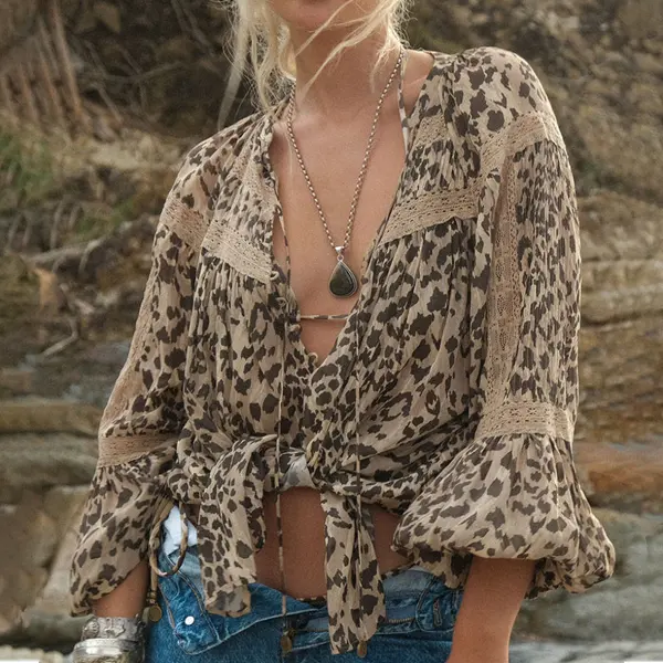 Ladies Vintage Lace Leopard Print Rustic Boho Lace Blouse - Wayrates.com 