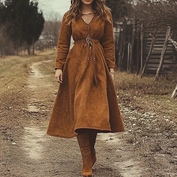 Ladies Vintage Western Style Pastoral Shirt Collar Pocket Rustic Boho Saddle Brown Chamois Dress - Wayrates.com 