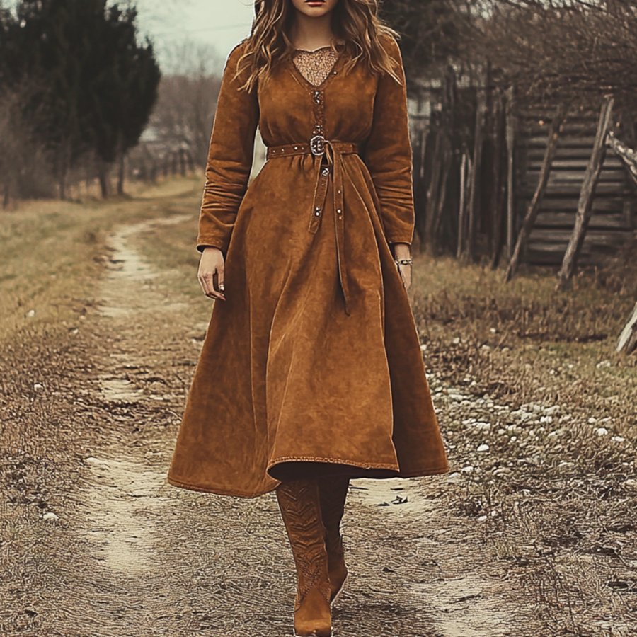 

Ladies Vintage Western Style Pastoral Shirt Collar Pocket Rustic Boho Saddle Brown Chamois Dress