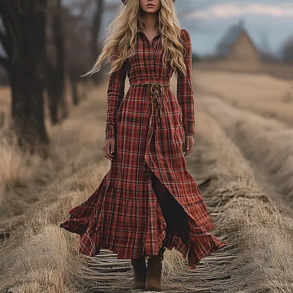 Ladies Vintage Western Style Pastoral Shirt Collar Checked Fabric Rustic Boho Dress - Wayrates.com 