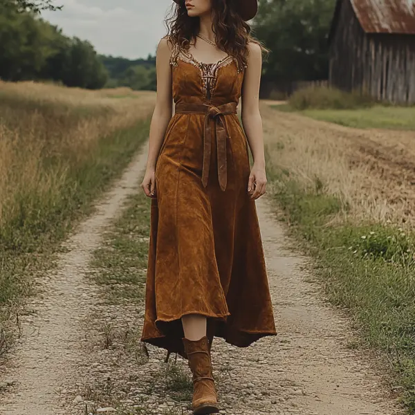 Ladies Vintage Western Style Pastoral Halter Rustic Boho Saddle Brown Chamois Dress - Wayrates.com 