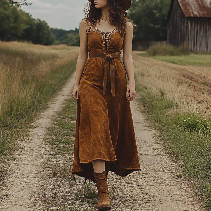 

Ladies Vintage Western Style Pastoral Halter Rustic Boho Saddle Brown Chamois Dress