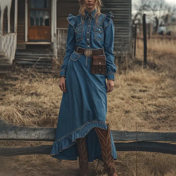 Ladies Vintage Western Style Pastoral Shirt Collar Pocket Wavy Hem Rustic Boho Denim Dress - Wayrates.com 