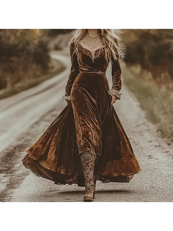 Women's Western Cowboy Brown Lace V-neck Velvet Dress - Realyiyi.com 