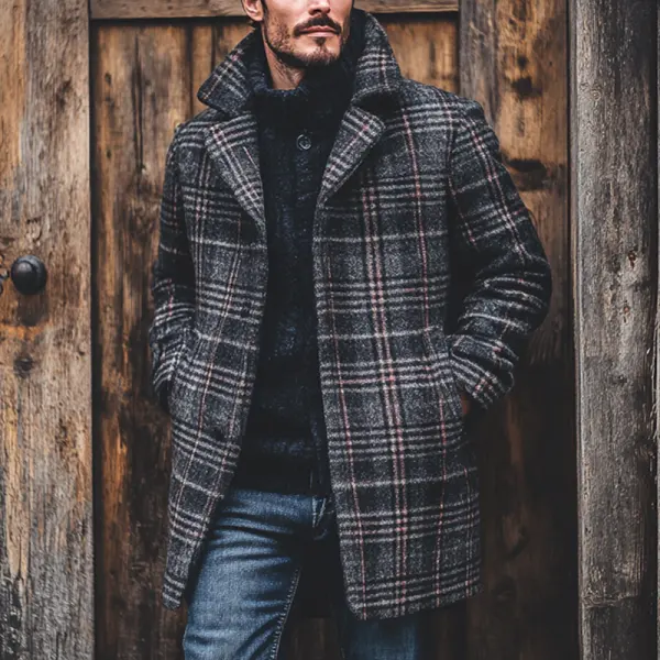 Men's Vintage Outdoor Plaid Dark Red Woolen Coat - Elementnice.com 