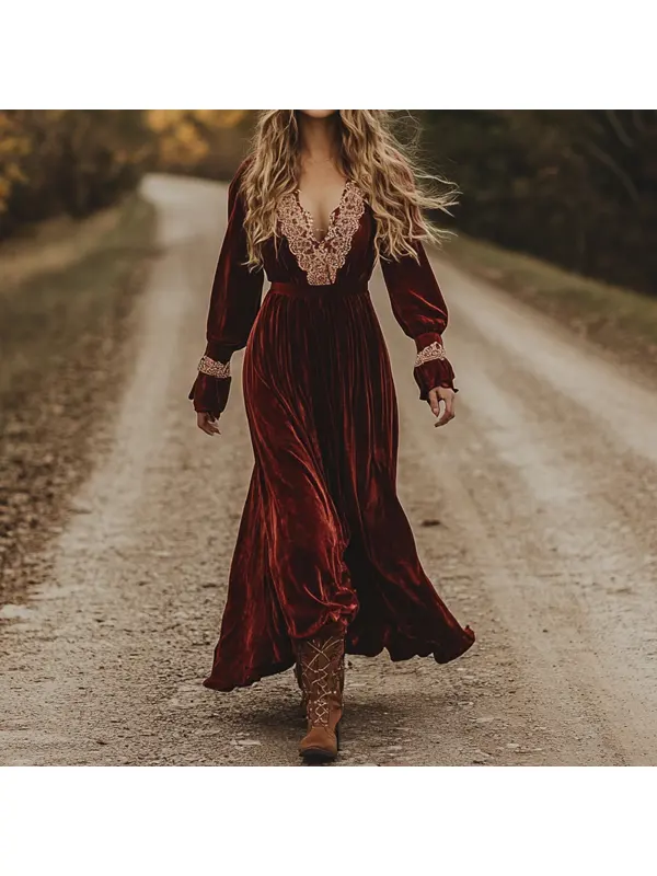 Women's Western Cowboy Brick Red Chest Strap Lace Bohemian Style V-neck Chest Lace Velvet Dress - Realyiyishop.com 